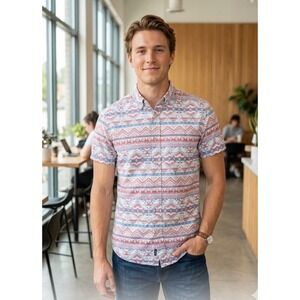 21 Men XS Short Sleeve Button Down Shirt Geometric Tribal Print Red Blue Cotton